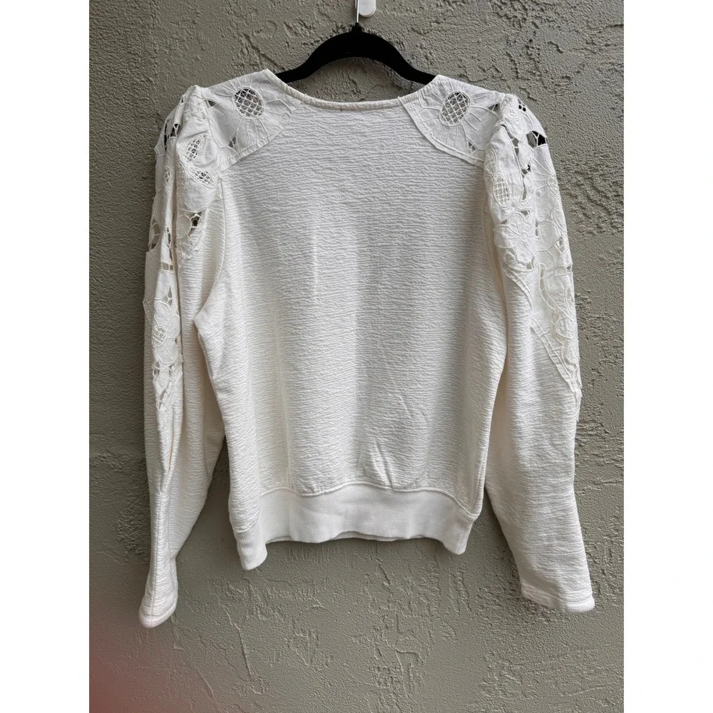 Anthropologie White Floral Eyelet Lace Embroidered Sweater XS Cottage Shabby